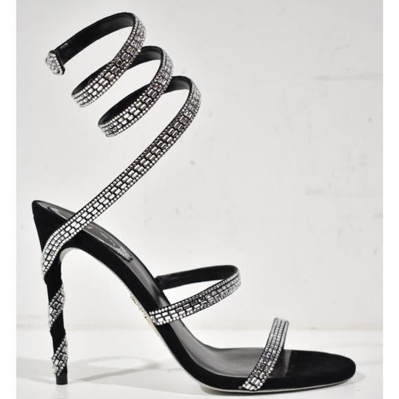 Rene Caovilla Margot Black Silver Crystal Ankle Wrap Strap Sandal Heel Pump 37 - Picture 2 of 13